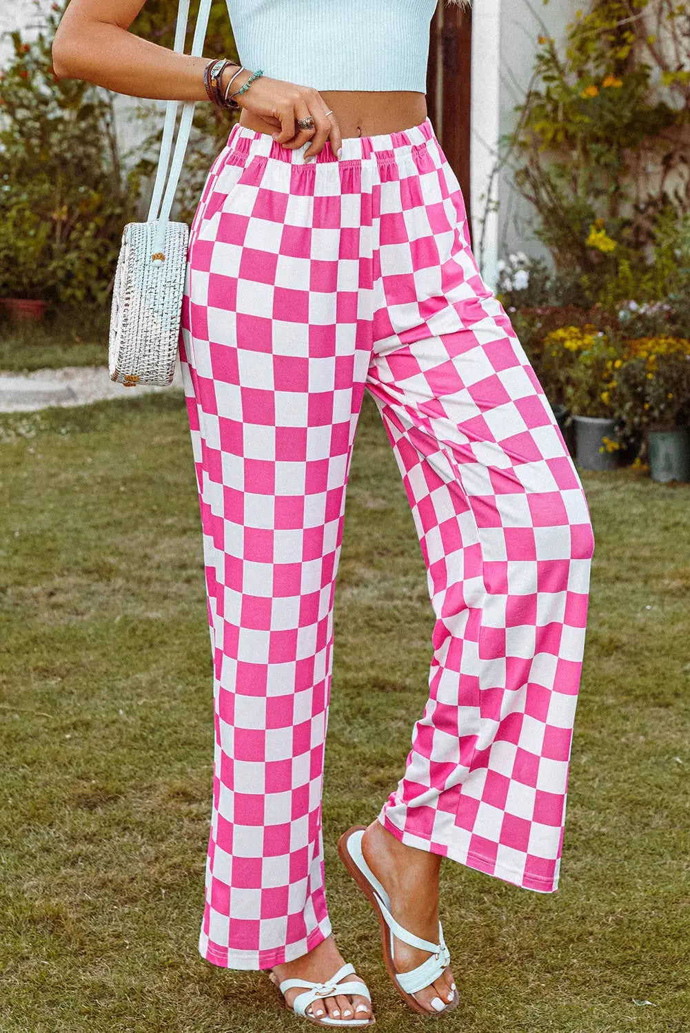Checked Print High Waist Wide Leg Pants
