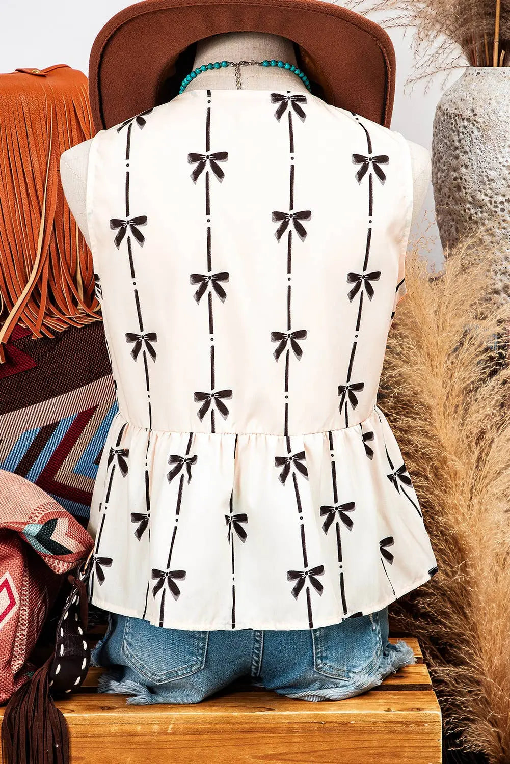 Bow Printed Tie Closure Ruffled Vest - Branded By Barta