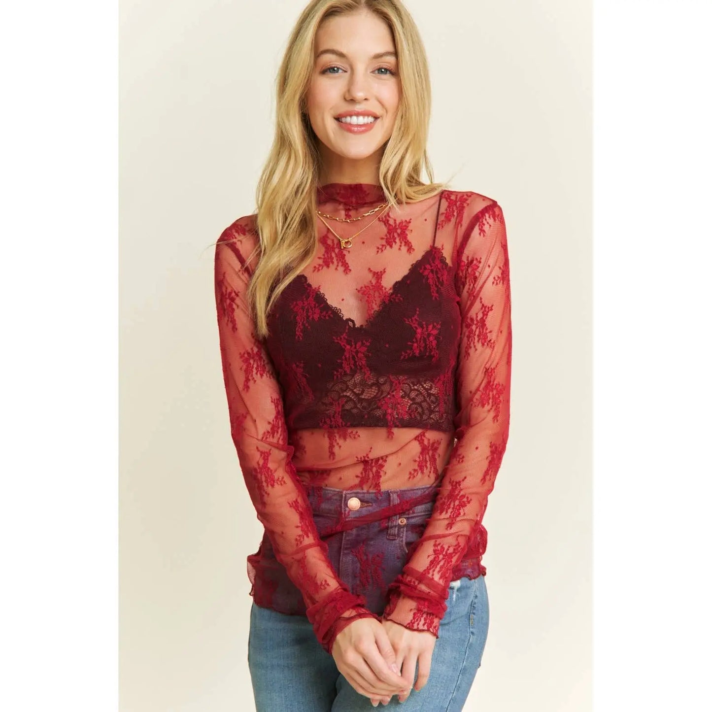 MESH LACE HIGH NECK DESIGN LONG SLEEVE FITTED TOP - Branded By Barta