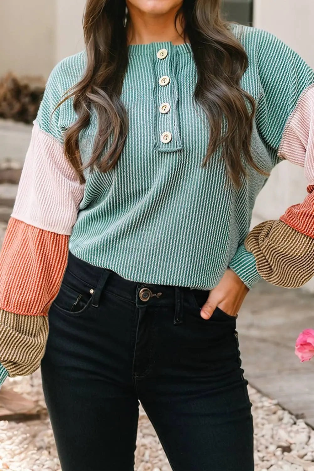 LDC Twisted Ribbed Knit Colorblock Henley Top Little Daisy Closet
