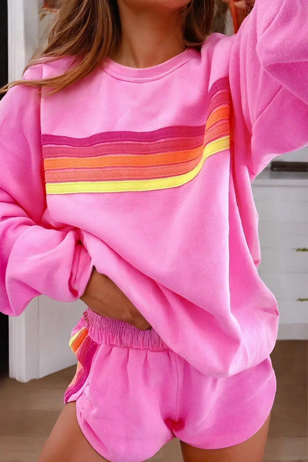 LDC Color Contrast Trim Long Sleeve Top and Shorts Set Little Daisy Closet
