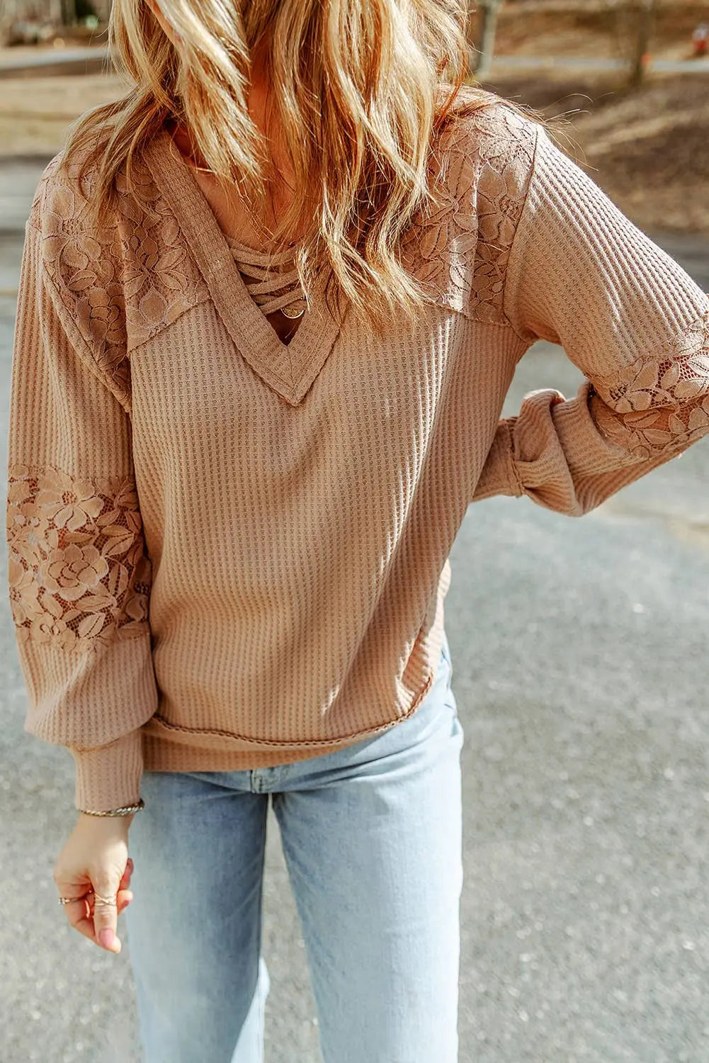 LDC Lace Waffle Patchwork Strappy V Neck Long Sleeve Top Little Daisy Closet