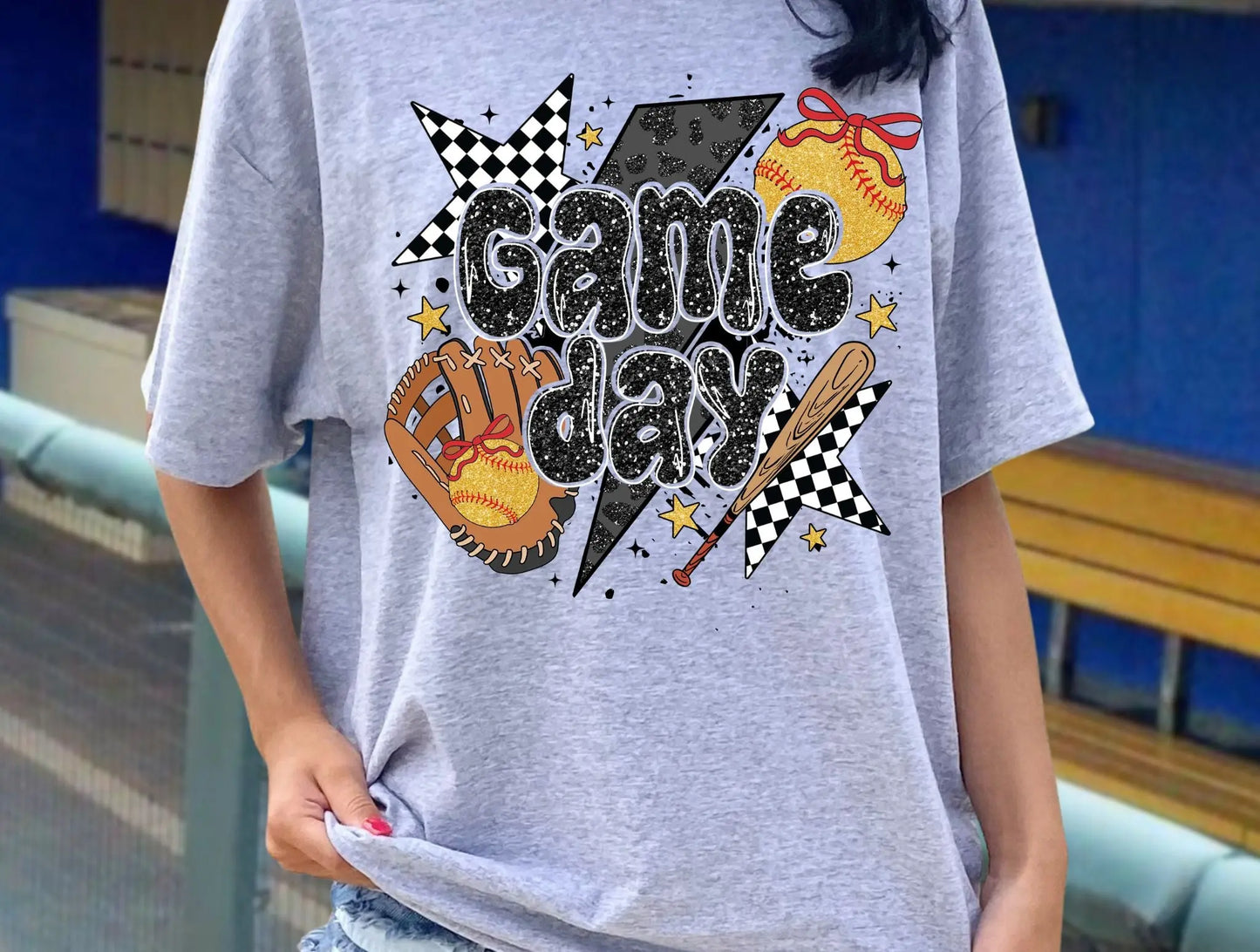 Game day softball checkered stars glitter