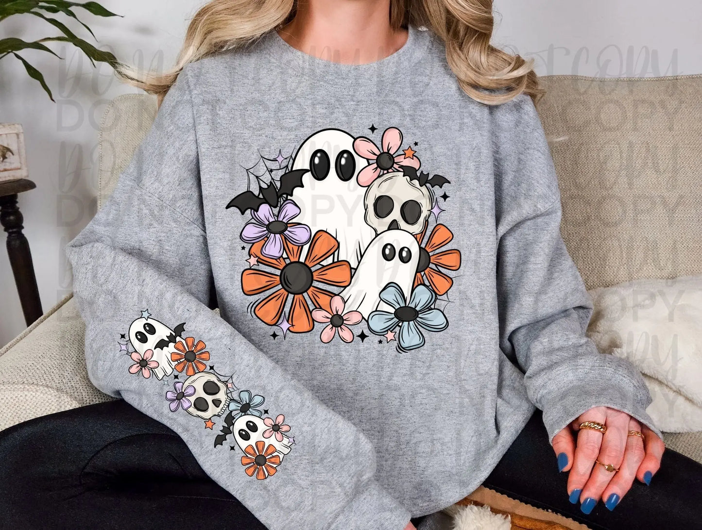 Ghost with flowers and bat add pocket for sleeve - Branded By Barta