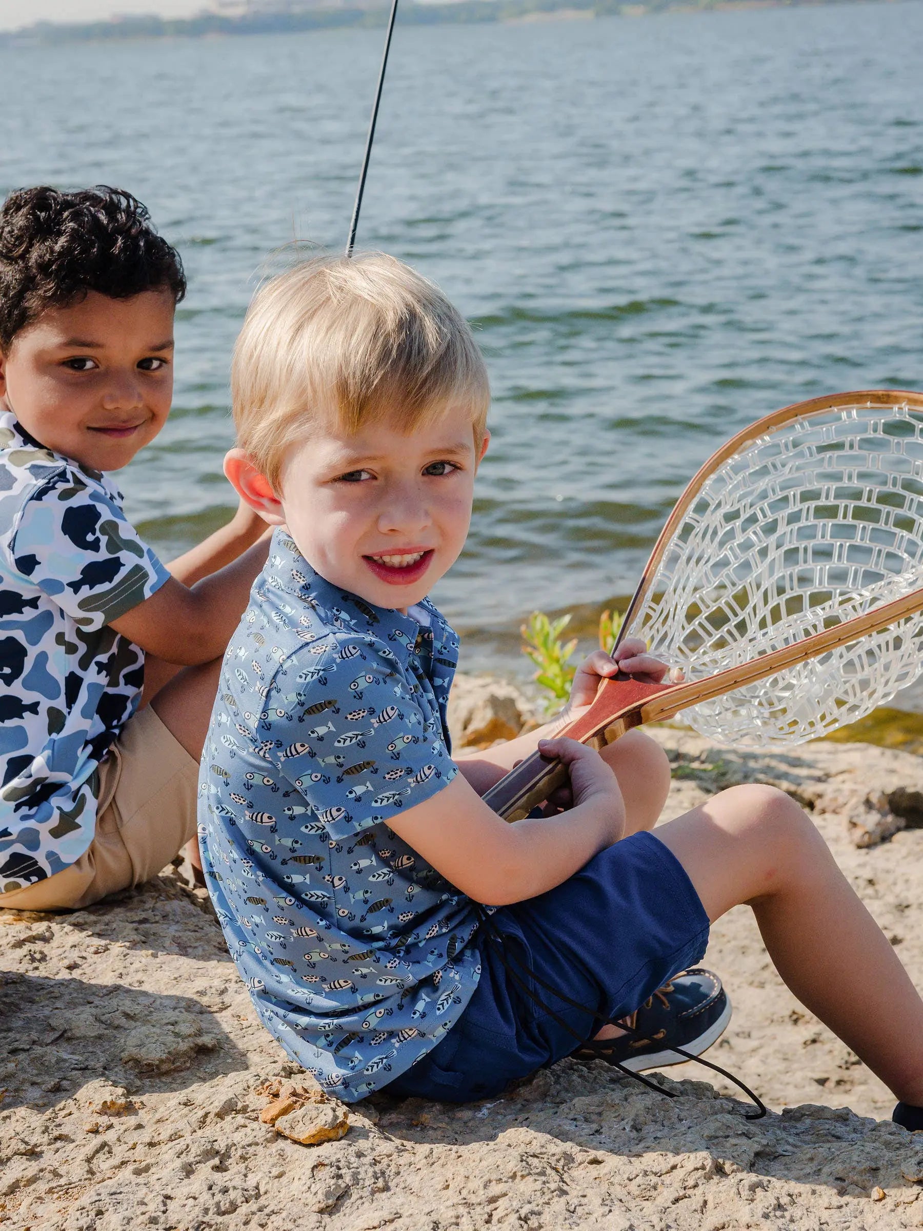 Boys Fish Bait Buddies Knit Short Sleeve Performance Polo RuffleButts + RuggedButts