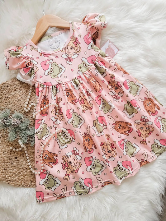 Christmas Girl Fun Character Dress - Pink Grinch Cindy Lou Rufflеѕ & Bоwtіеѕ - Affordable Boys & Girls Clothing