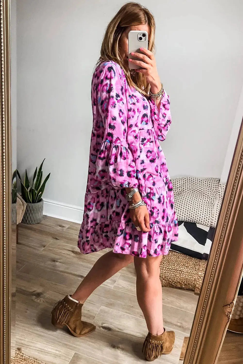 Leopard Print Buttoned Front 3/4 Sleeve Tiered Ruffled Hem Dress - Branded By Barta