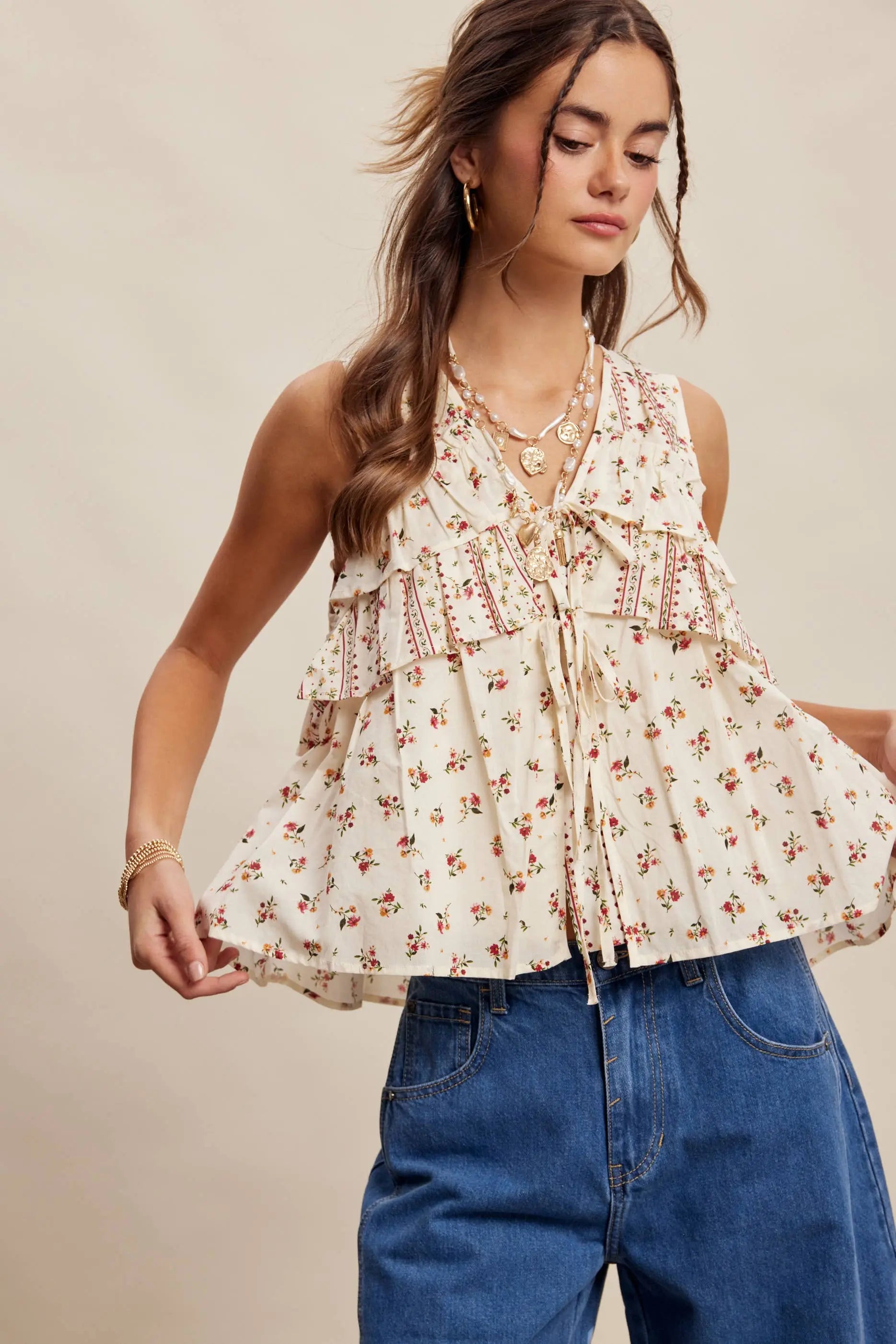 Floral Tiered Ruffle Tie-Front Top LT1465 Listicle