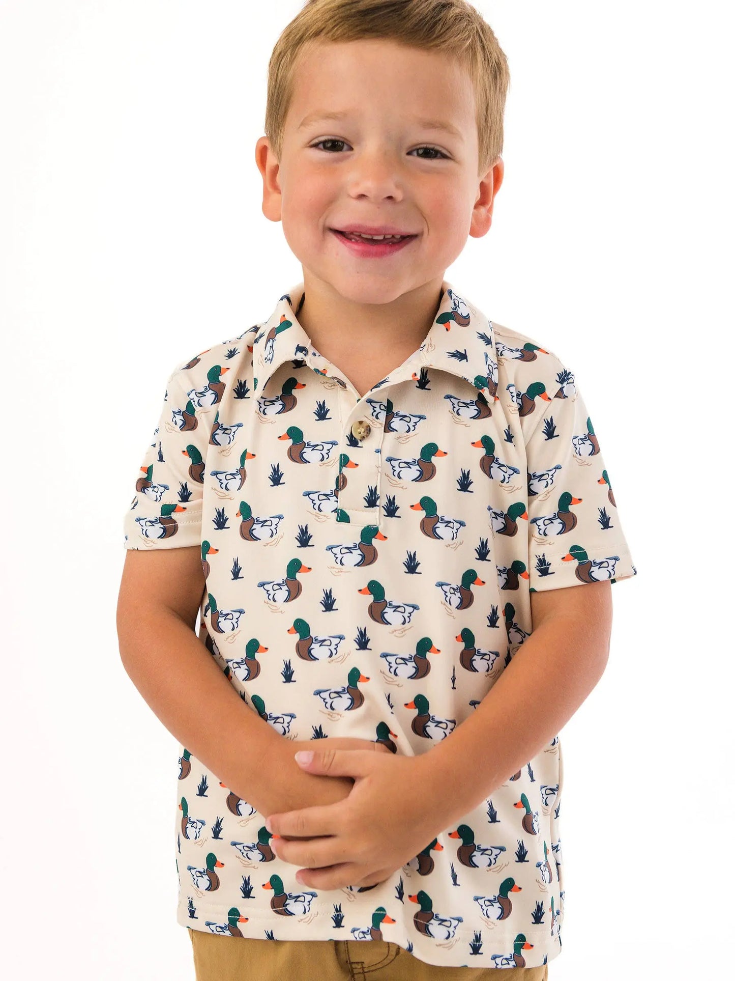 Boys Mallard Marsh Duck Knit Short Sleeve Performance Polo RuffleButts + RuggedButts