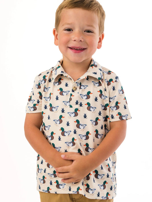 Boys Mallard Marsh Duck Knit Short Sleeve Performance Polo RuffleButts + RuggedButts