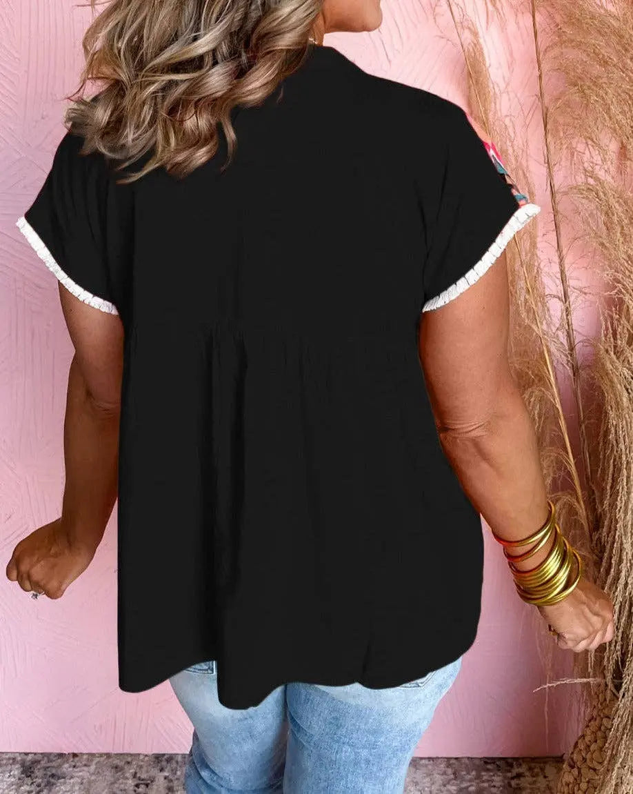 Geometric Embroidered Tassel Tie Blouse - Branded By Barta
