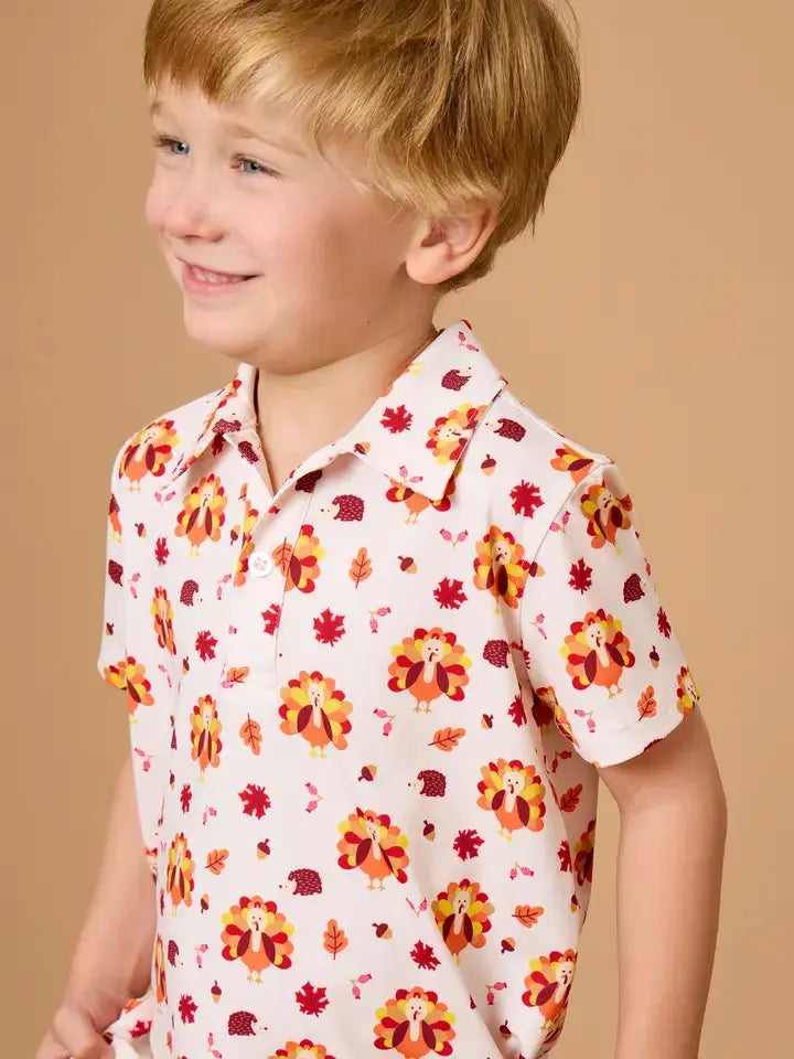 Boys Thanksgiving Turkey Gobble Knit Short Sleeve Performance Polo RuffleButts + RuggedButts