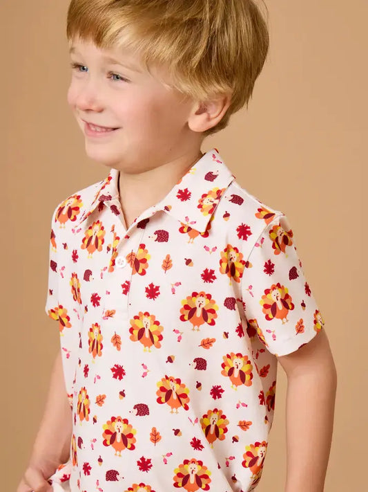 Boys Thanksgiving Turkey Gobble Knit Short Sleeve Performance Polo RuffleButts + RuggedButts