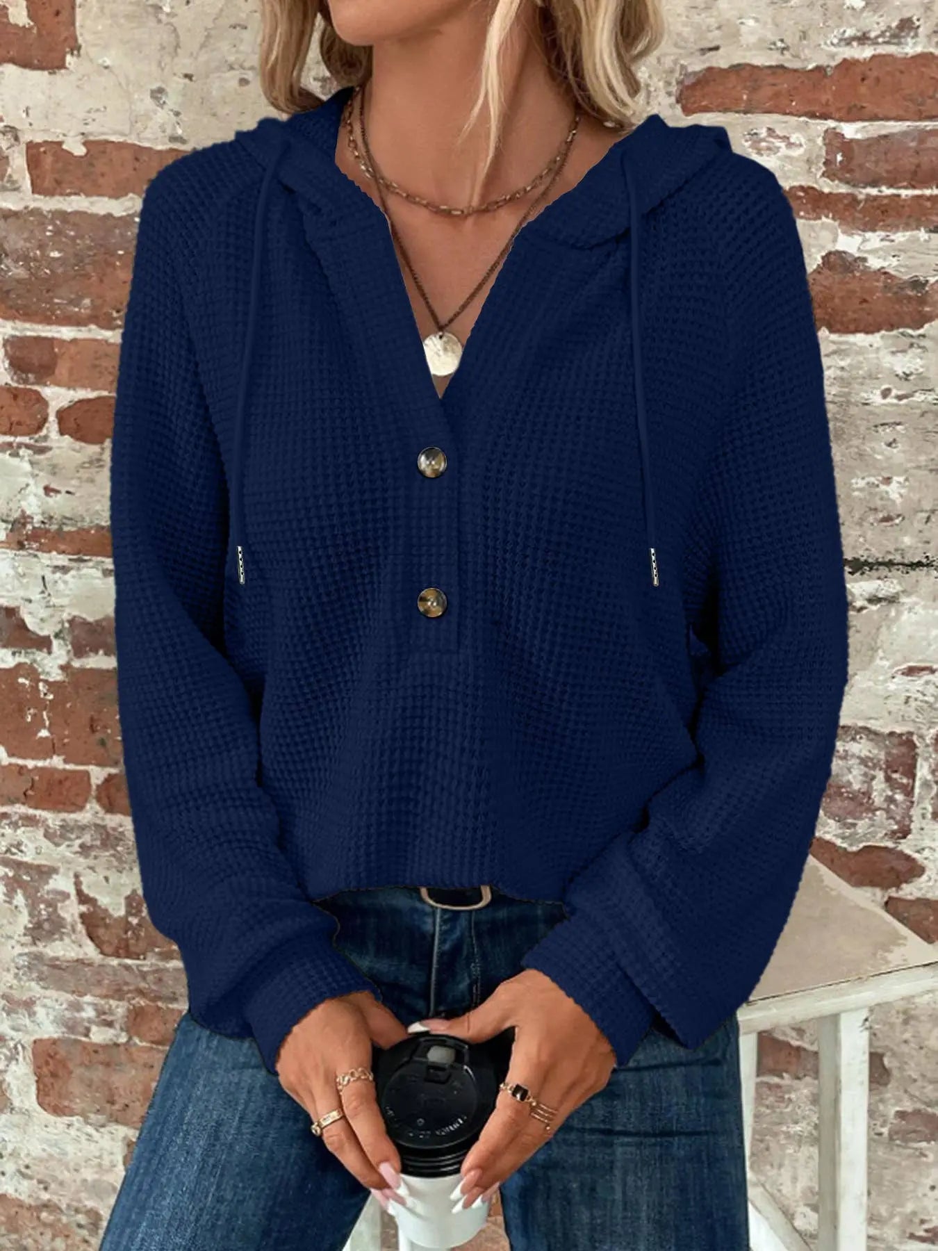 Solid color hooded button long-sleeved hoodie Lily Clothing