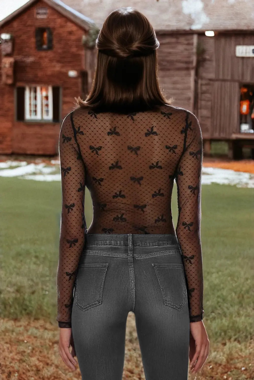 Bow Pattern Accent Mesh Long Sleeve Top - Branded By Barta