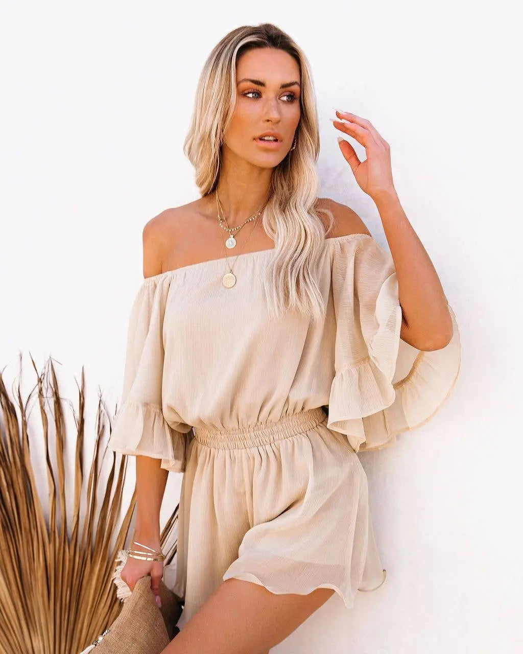 Ladies Off Shoulder Short Sleeves Daily Romper - Branded By Barta