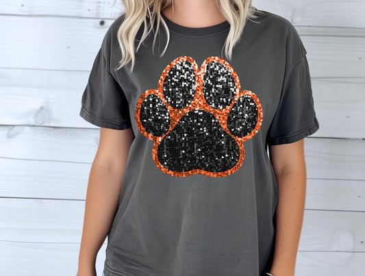 Faux Sequin Black & Orange Paw Tee Branded By Barta