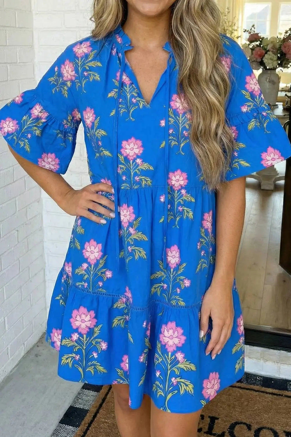 LAS V Neck Short Sleeve Loose Flower Dress (S-XL) LA Society