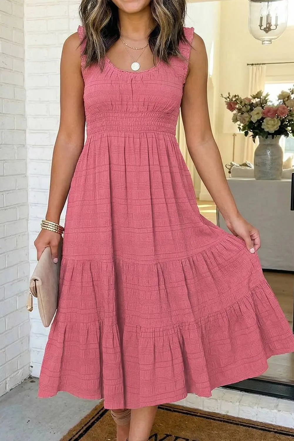 LAS Shirred Pleated Square Neck Sleeveless Midi Dress (S-XL) LA Society