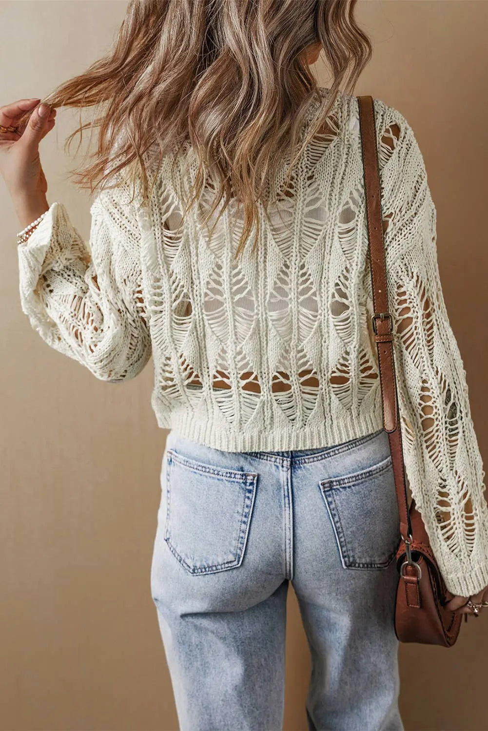LDC Cut Out Crochet Crew Neck Loose Fit Sweater Little Daisy Closet