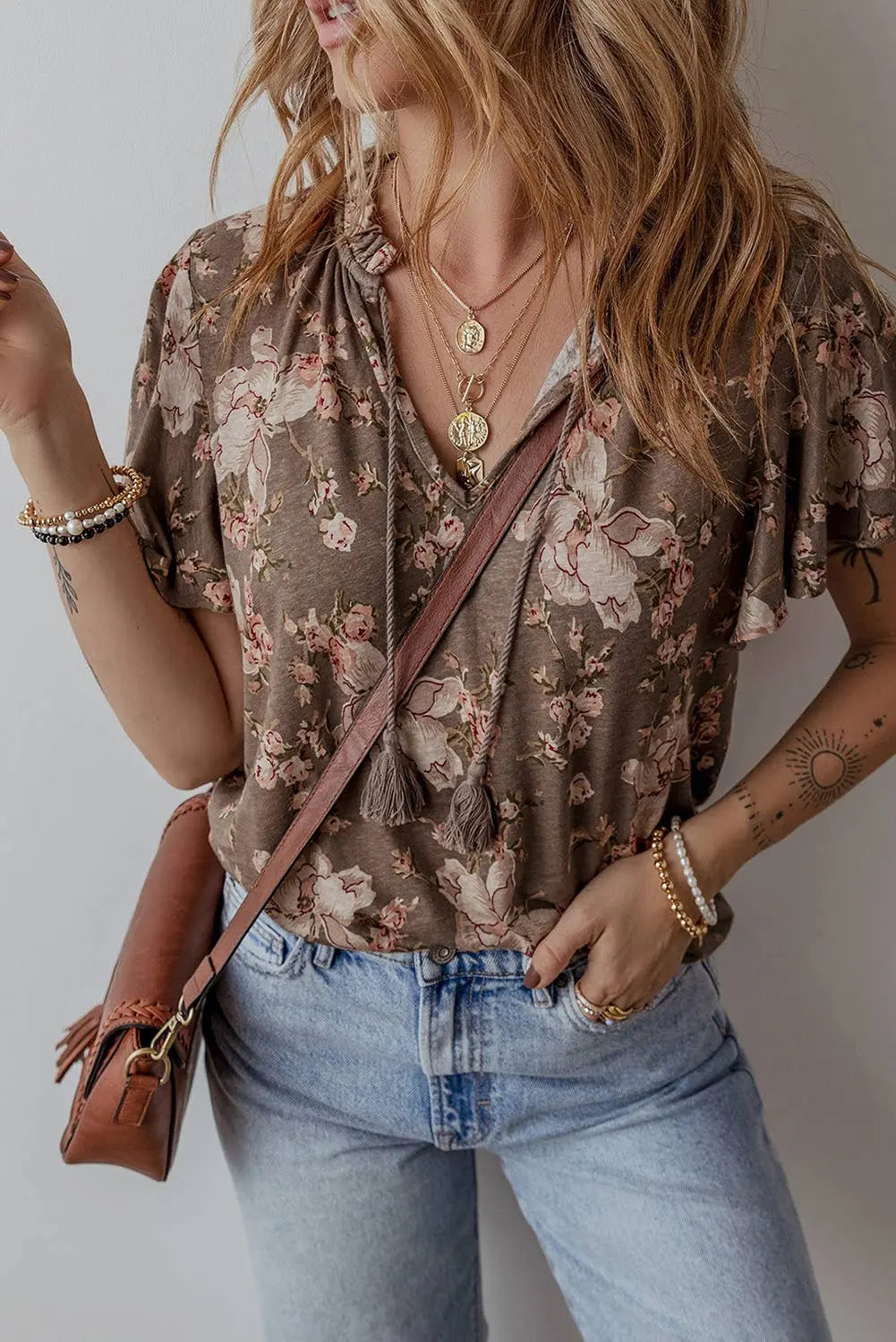 LDC Floral Print Tassel Tie Split Neck Short Sleeve Blouse Little Daisy Closet