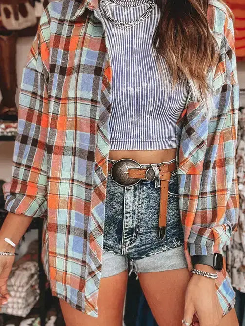 Retro Plaid Print Loose-Fit Button-Up Shirt Lovesoft