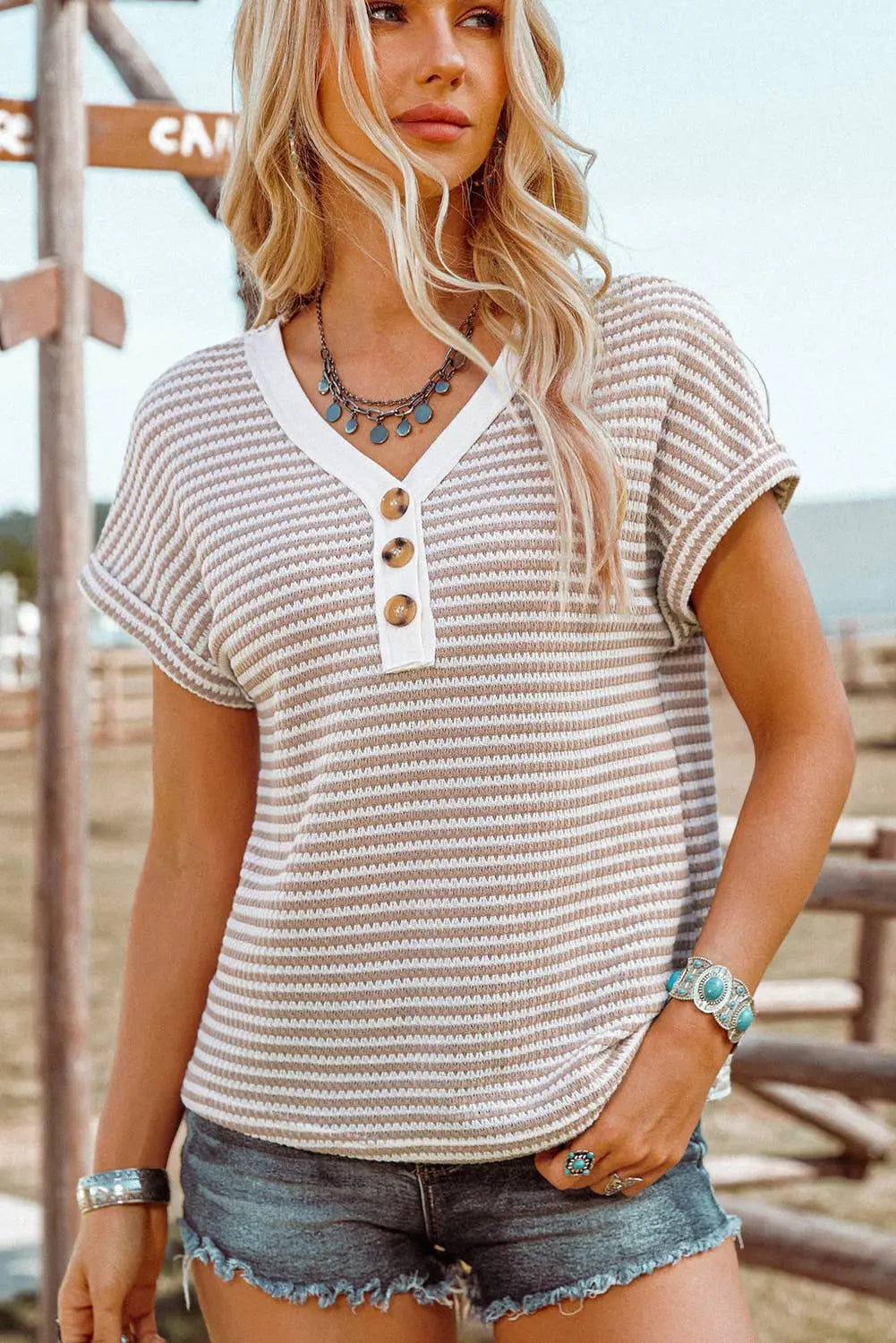 Stripe Buttoned Front V Neck Knitted T Shirt - Branded By Barta