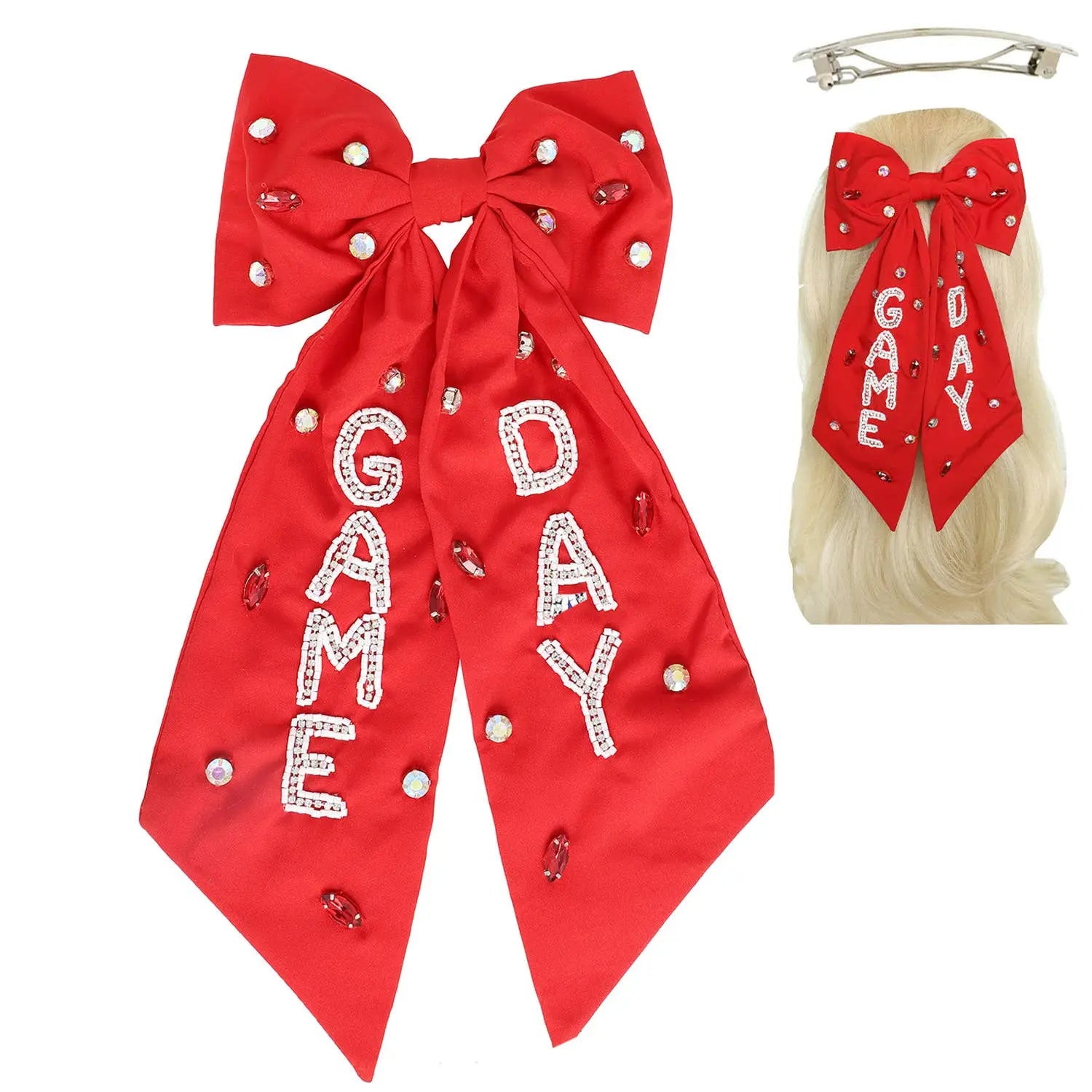 Game Day Bead Gemstone Bow Barrette Hair Clip SP Sophia Collection