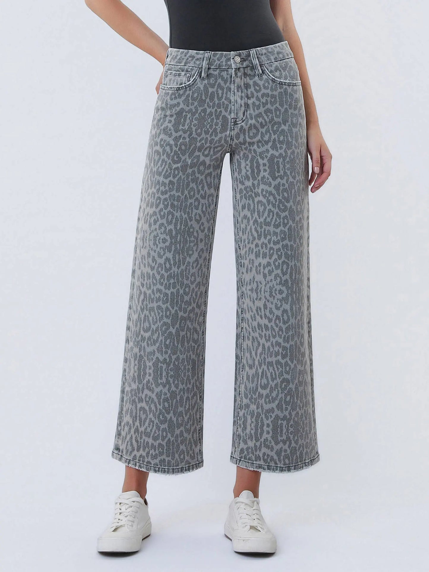 HIGH RISE GREY LEOPARD PRINT CROP WIDE LEG JEANS T7331GLP VERVET by FLYING MONKEY