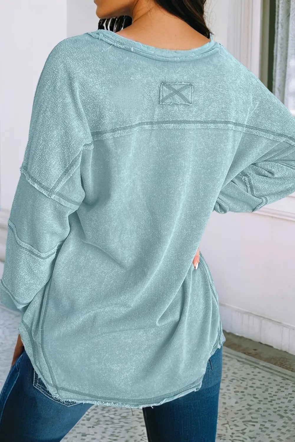 LDC Raw Edge Long Sleeve Buttoned V Neck Exposed Seam Top Little Daisy Closet