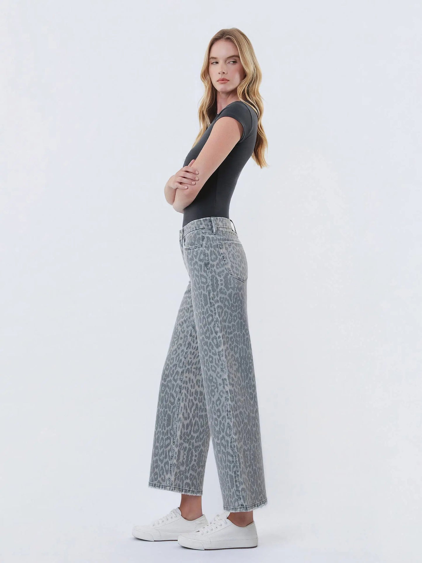 HIGH RISE GREY LEOPARD PRINT CROP WIDE LEG JEANS T7331GLP VERVET by FLYING MONKEY