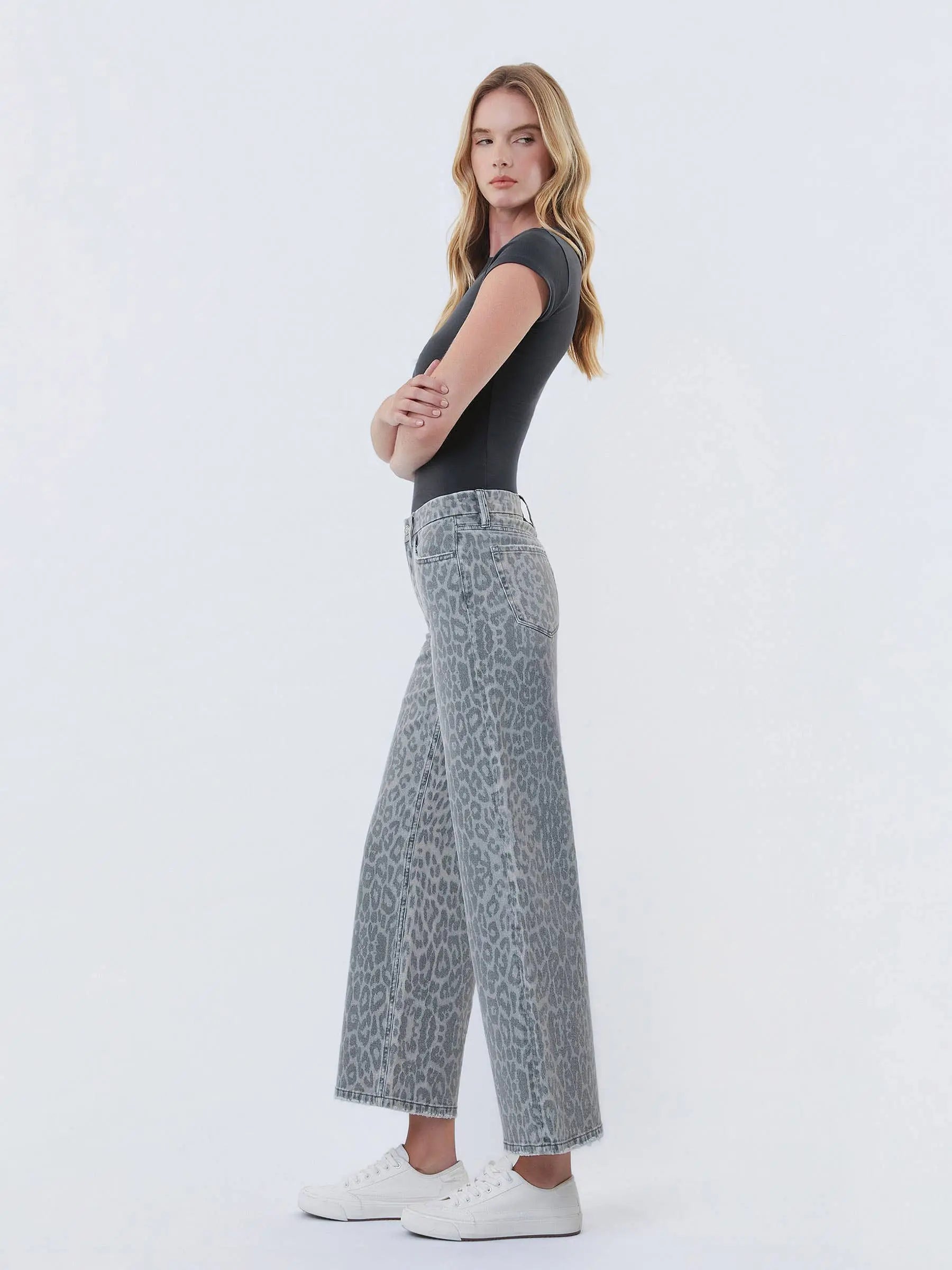 HIGH RISE GREY LEOPARD PRINT CROP WIDE LEG JEANS T7331GLP VERVET by FLYING MONKEY
