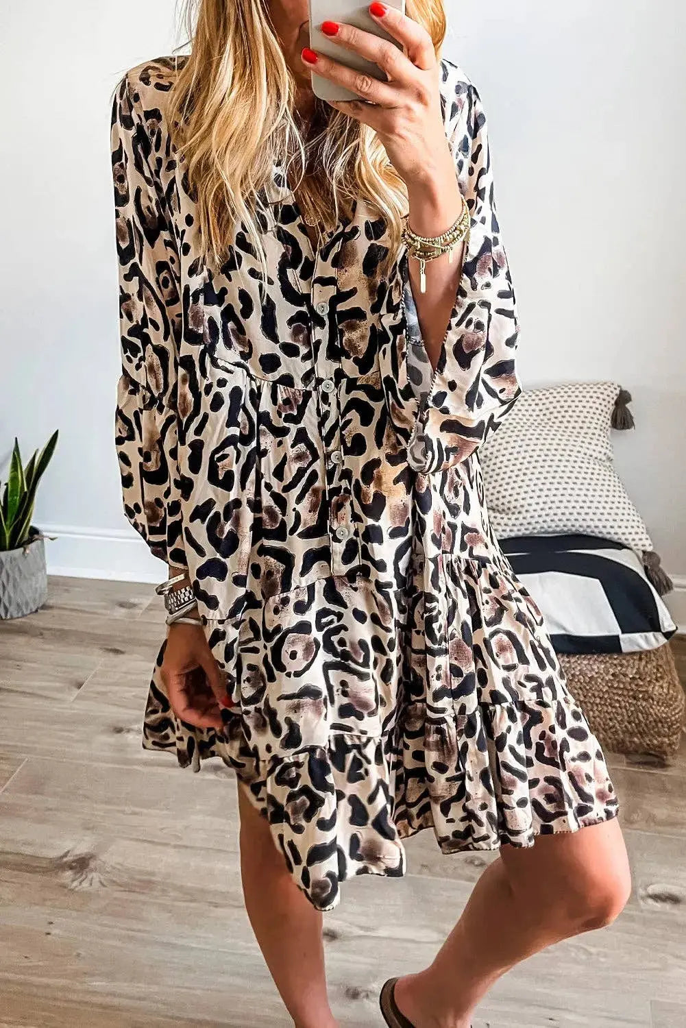 Leopard Print Buttoned Front 3/4 Sleeve Tiered Ruffled Hem Dress - Branded By Barta