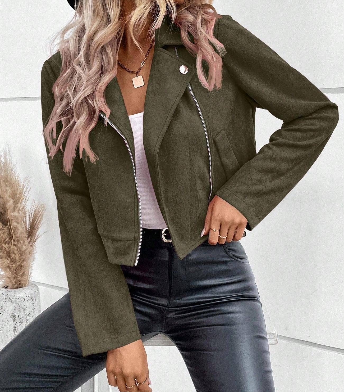 Suede zipper fashionable short jacket Lily Clothing