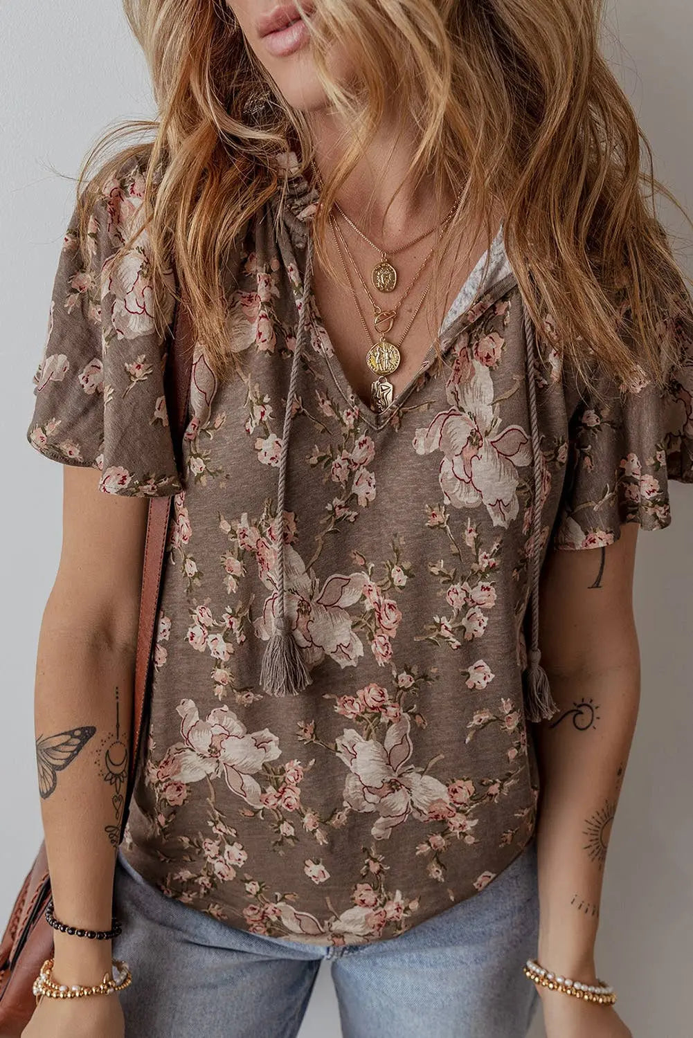 LDC Floral Print Tassel Tie Split Neck Short Sleeve Blouse Little Daisy Closet