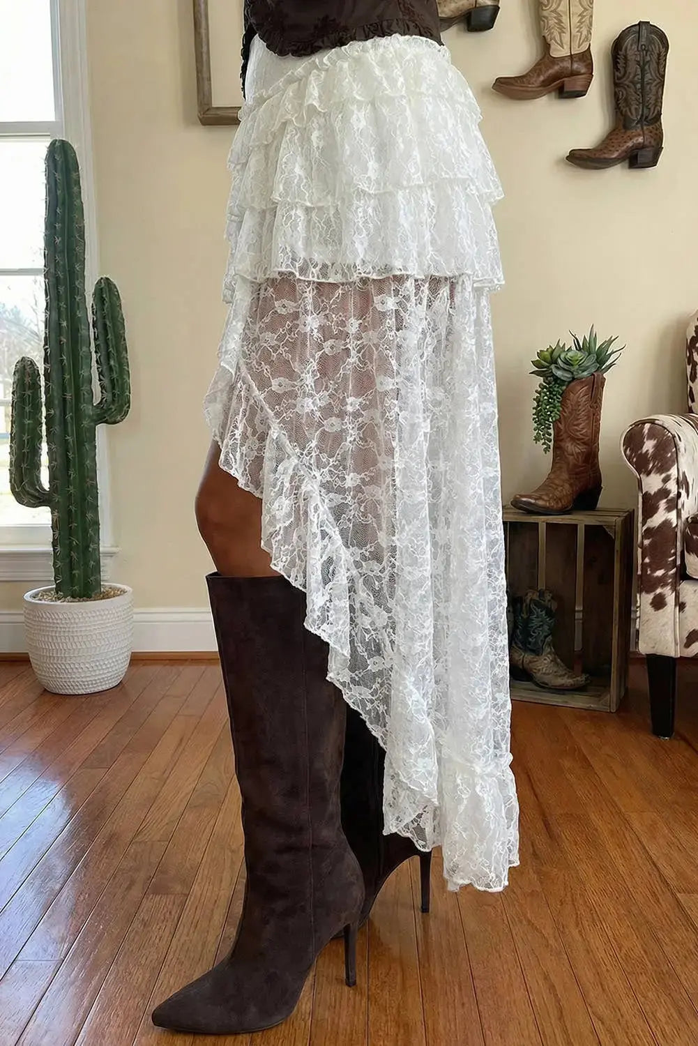 LLDC White Sheer Lace Frilly Ruffles High Low Long Skirt Little Daisy Closet