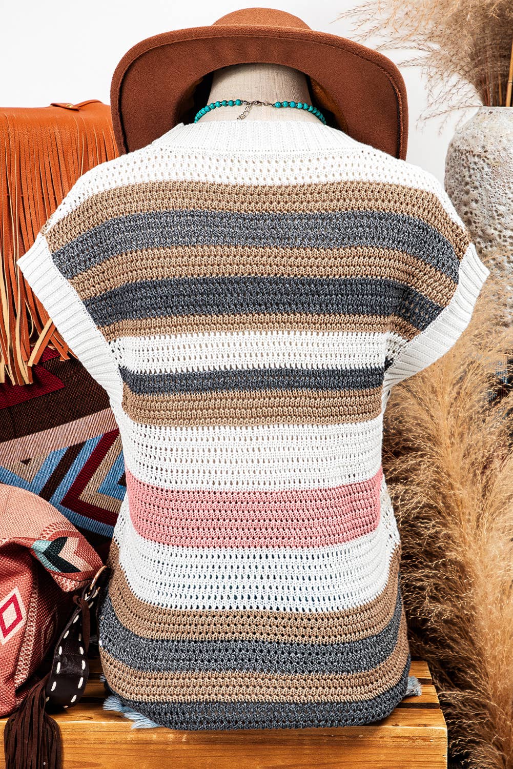 Stripe Eyelet Knit Short Sleeve Sweater Tee - Branded By Barta