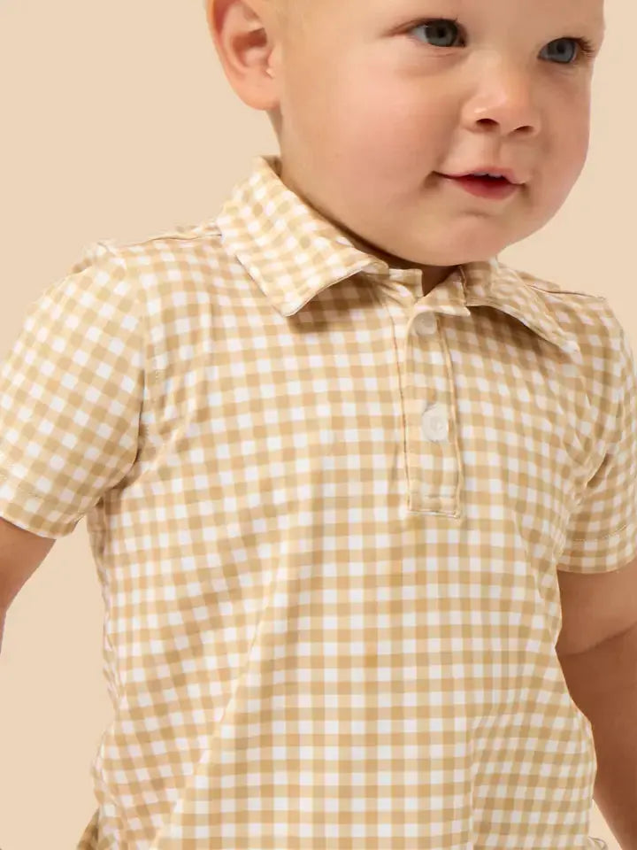 Boys Khaki Mini Gingham Knit Short Sleeve Performance Polo RuffleButts + RuggedButts