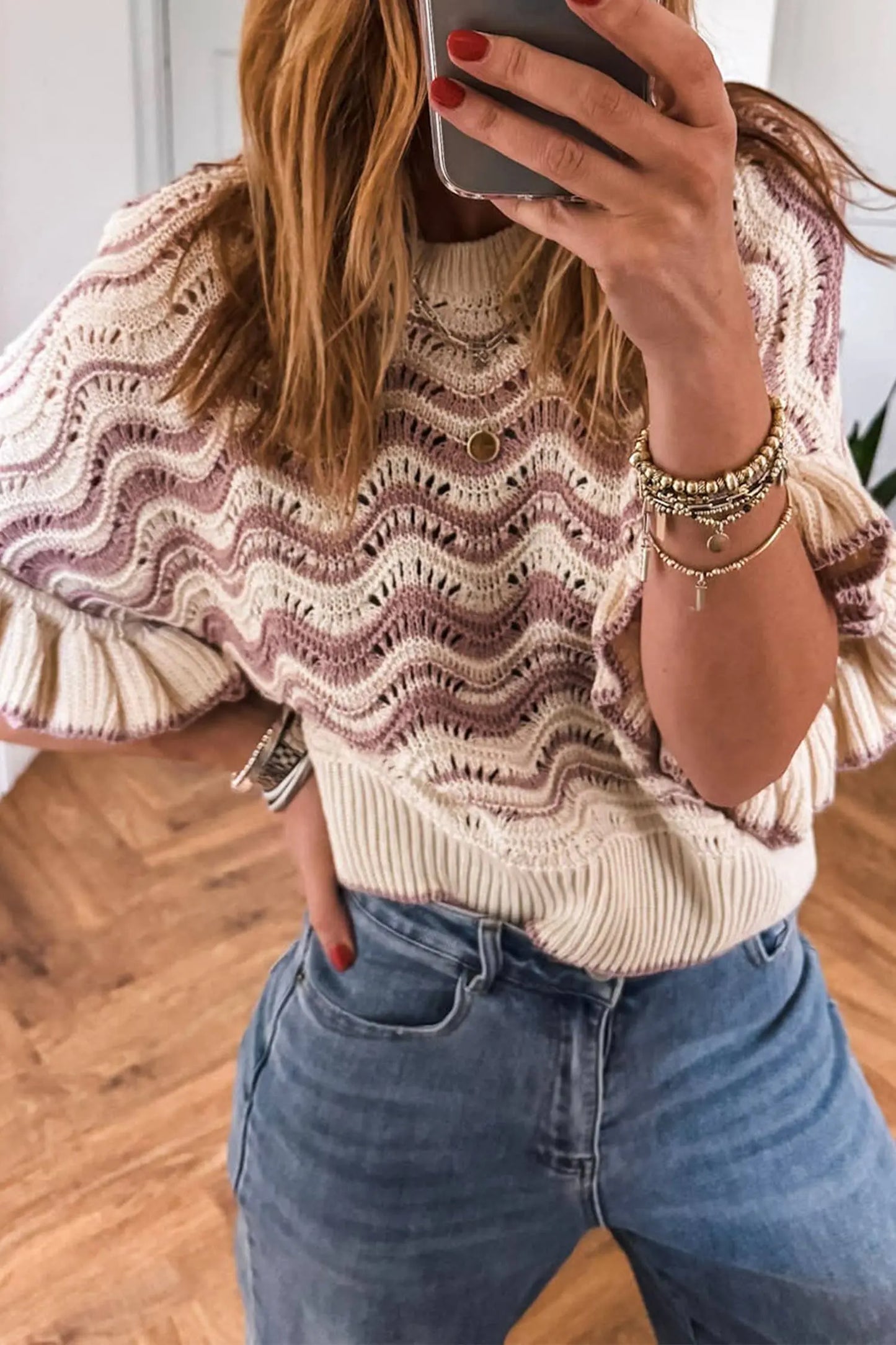 LDC Wavy Crochet Eyelet Detail Ruffle Half Sleeve Sweater Little Daisy Closet