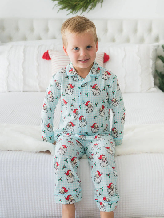 SoftSnooze™ Boys Blue Dear Santa Long Sleeve Button Up Pajama Set RuffleButts + RuggedButts