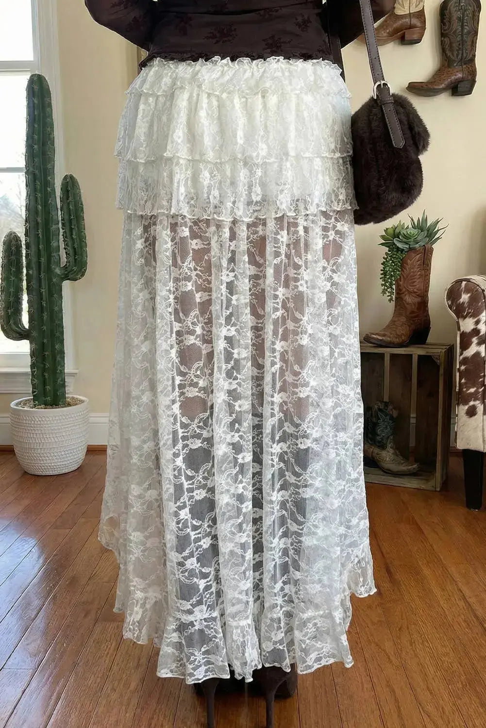 LLDC White Sheer Lace Frilly Ruffles High Low Long Skirt Little Daisy Closet