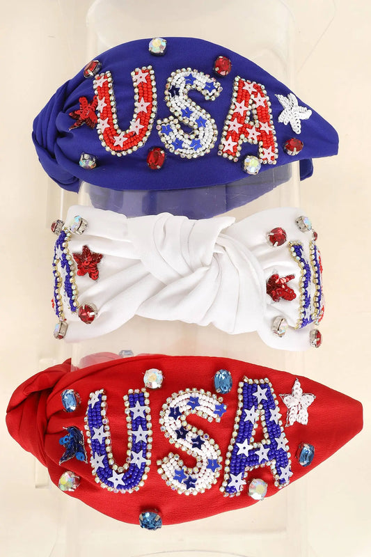 USA Patriotic Lettering Jeweled Beaded Headband SP Sophia Collection