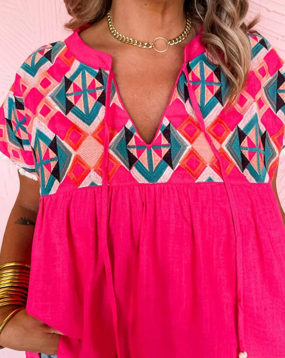 Geometric Embroidered Tassel Tie Blouse - Branded By Barta