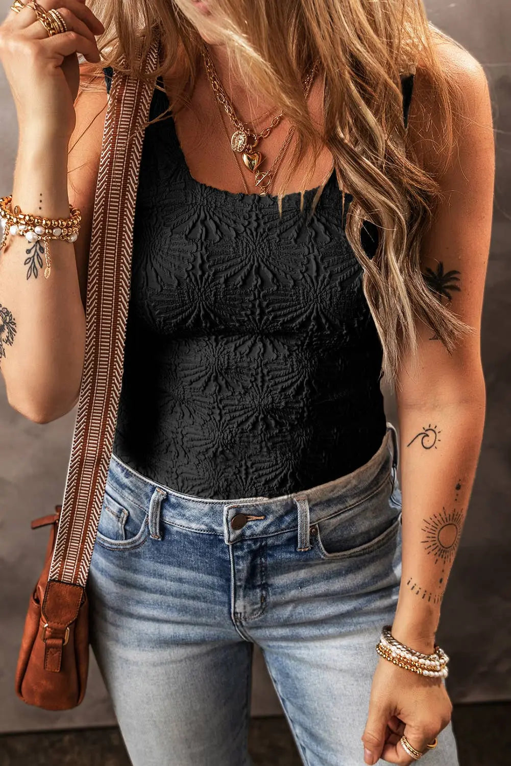 LDC Floral Jacquard Square Neck Tank Top Little Daisy Closet