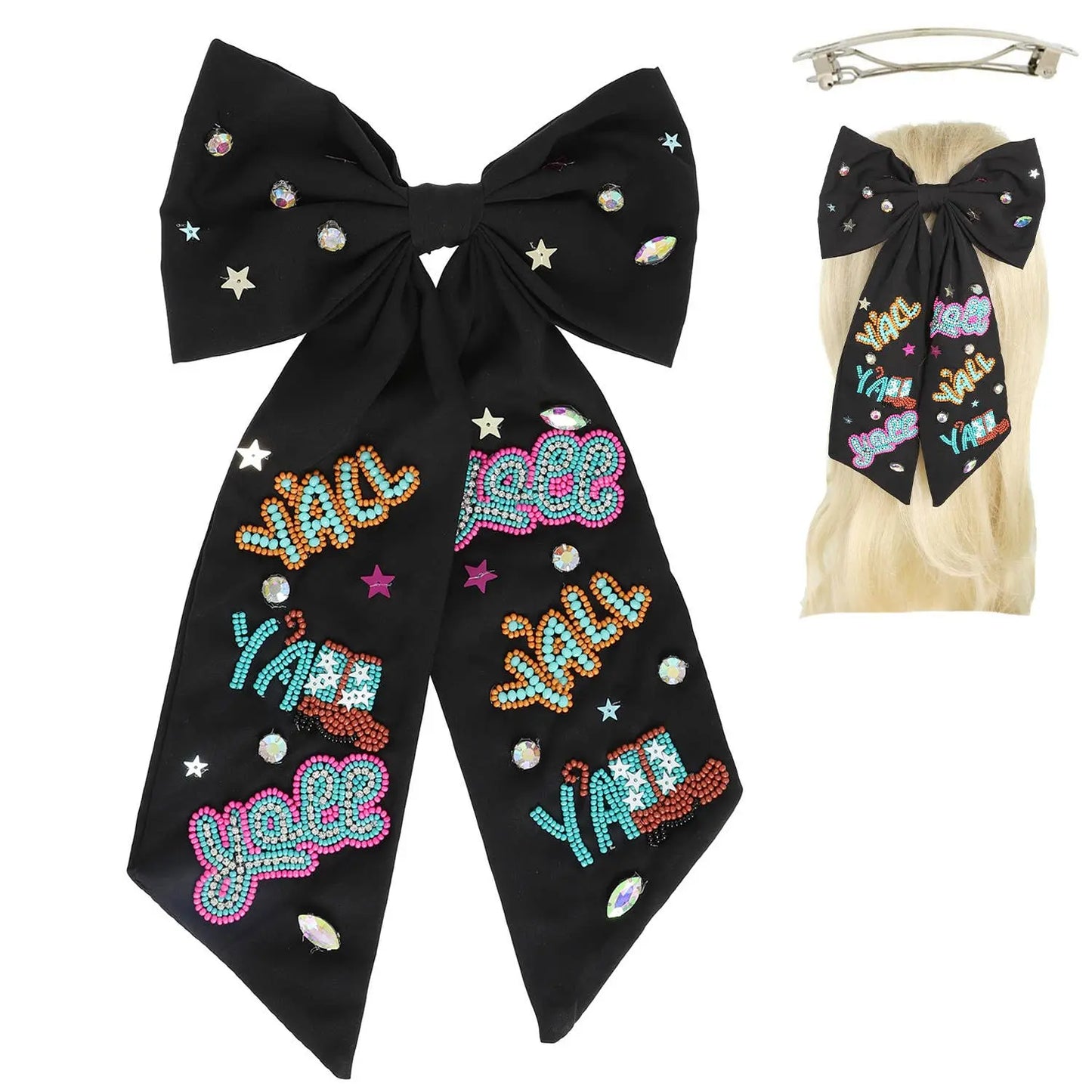 Western Yall Jeweled Bead Bow Barrette Hair Clip SP Sophia Collection