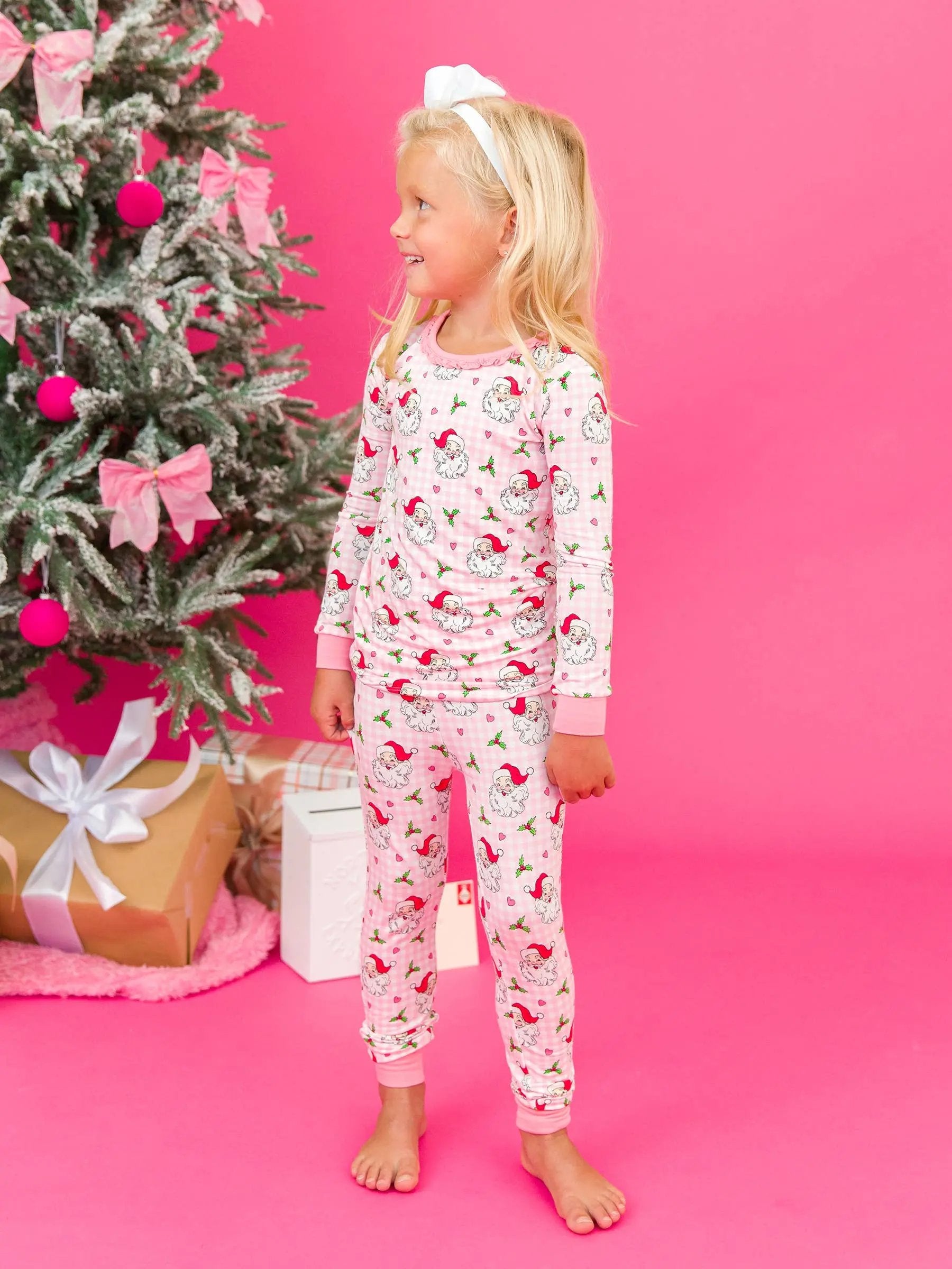 SoftSnooze™ Toddler Girls Bamboo Viscose Pink Dear Santa Ruffle Long Sleeve Pajama Set with Signature Rear Ruffles RuffleButts + RuggedButts