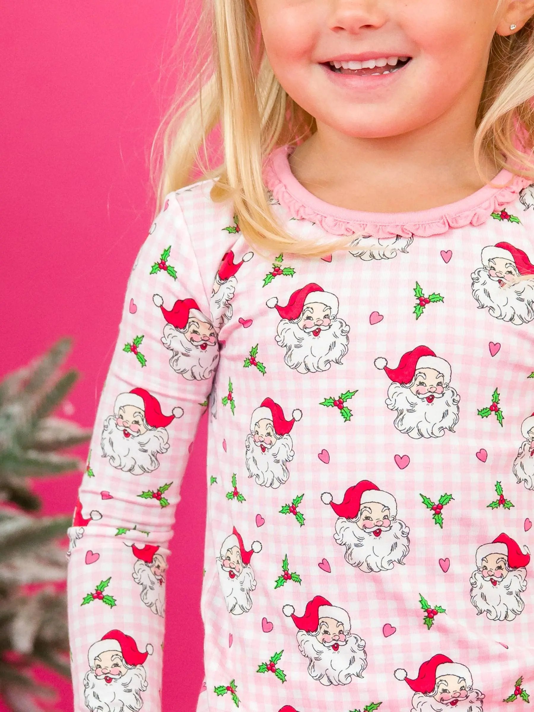 SoftSnooze™ Toddler Girls Bamboo Viscose Pink Dear Santa Ruffle Long Sleeve Pajama Set with Signature Rear Ruffles RuffleButts + RuggedButts
