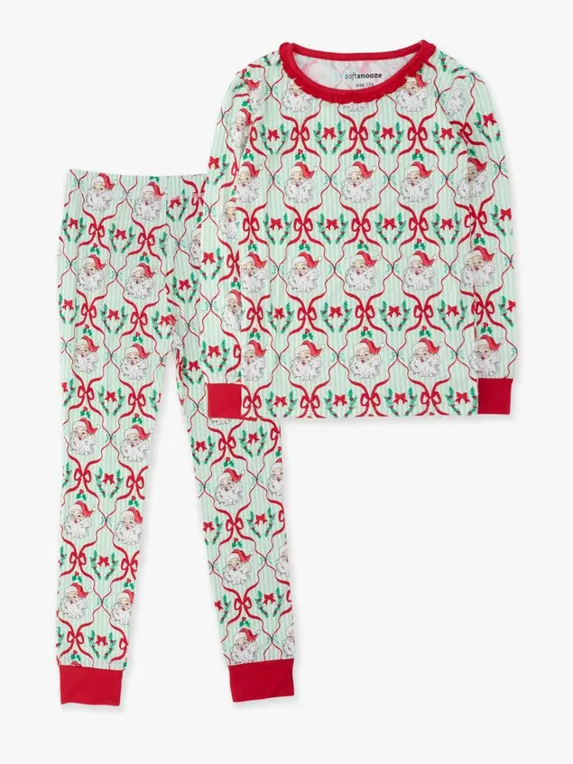 Softsnooze Girls Santa Green Stripe Christmas Ruffle Long Sleeve Pajama Set BBB Powered By ODS