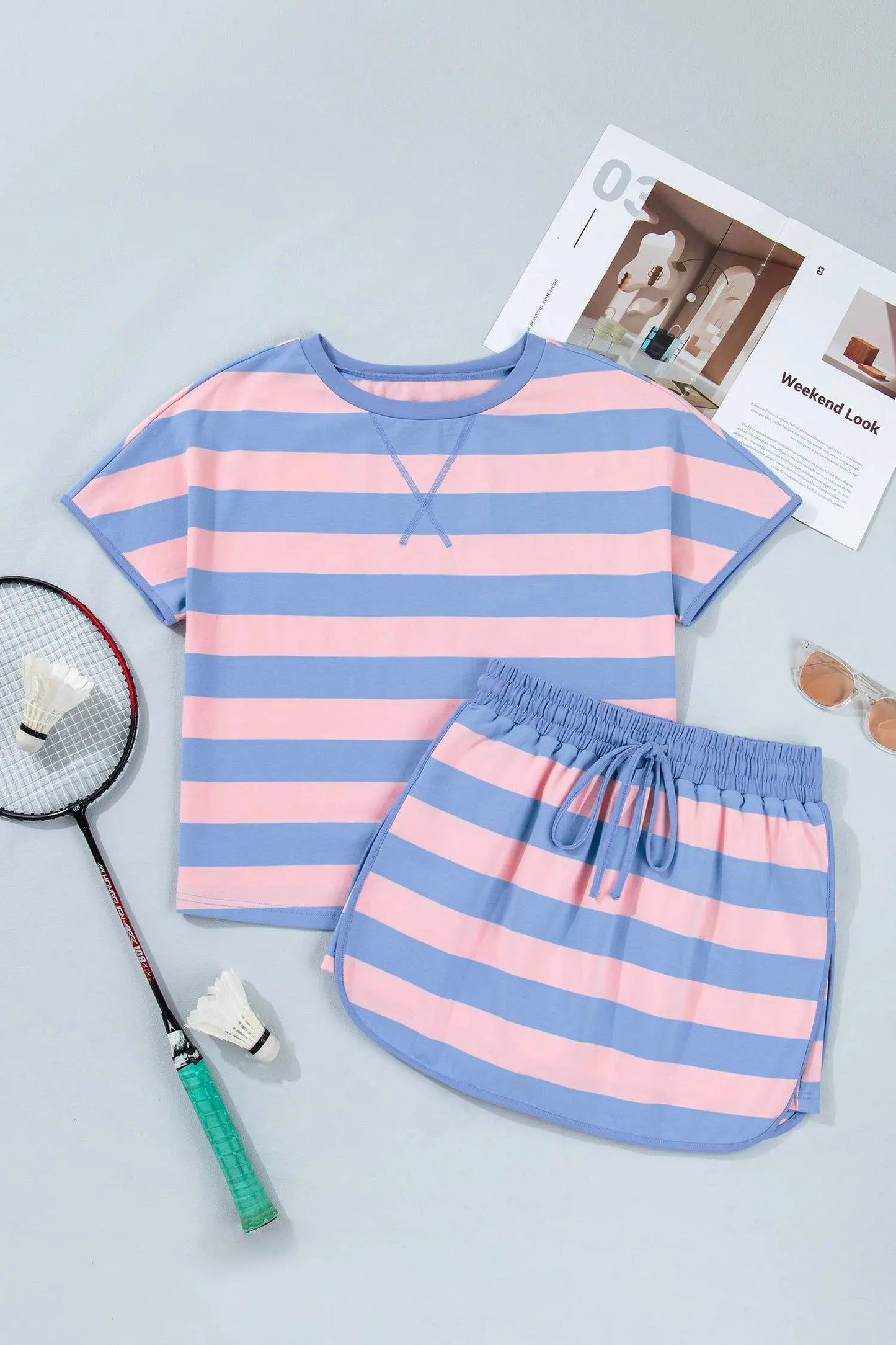 LAS Stripe Dolman Tee Drawstring Skort 2pcs Set (S-2XL) LA Society