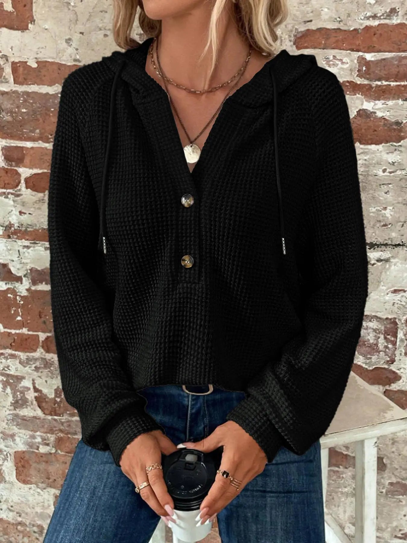 Solid color hooded button long-sleeved hoodie Lily Clothing